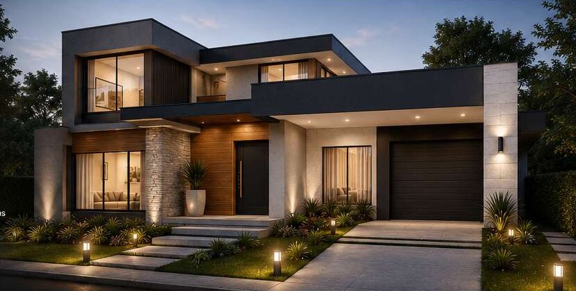 Residência moderna de dois pavimentos iluminada ao entardecer, construída pela HBM Construtora
